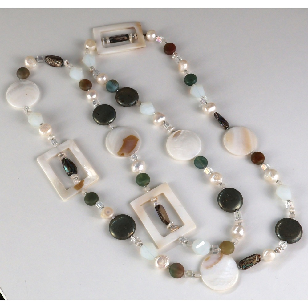Long Mother of Pearl Abalone Freshwater Pearl Stone Bead Pullover Necklace 38in